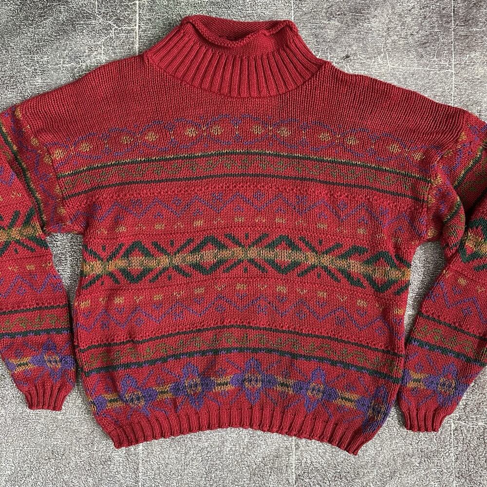 Women's Vintage 90's The North Face Red Tribal Aztec Pullover Ski Sweater Sz L